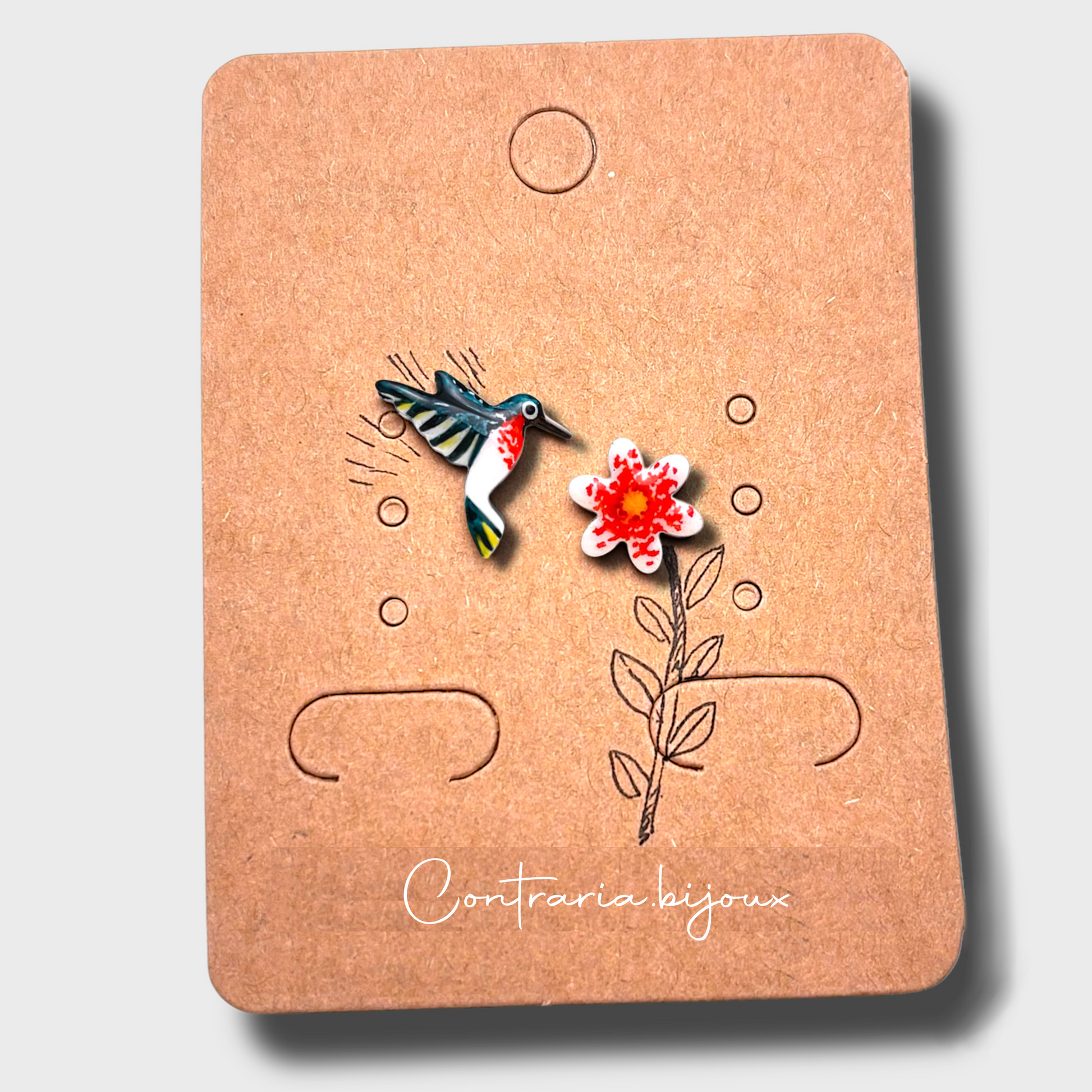 Orecchini Colibrì e fiore , orecchini con colibrì - ContrariaBijoux