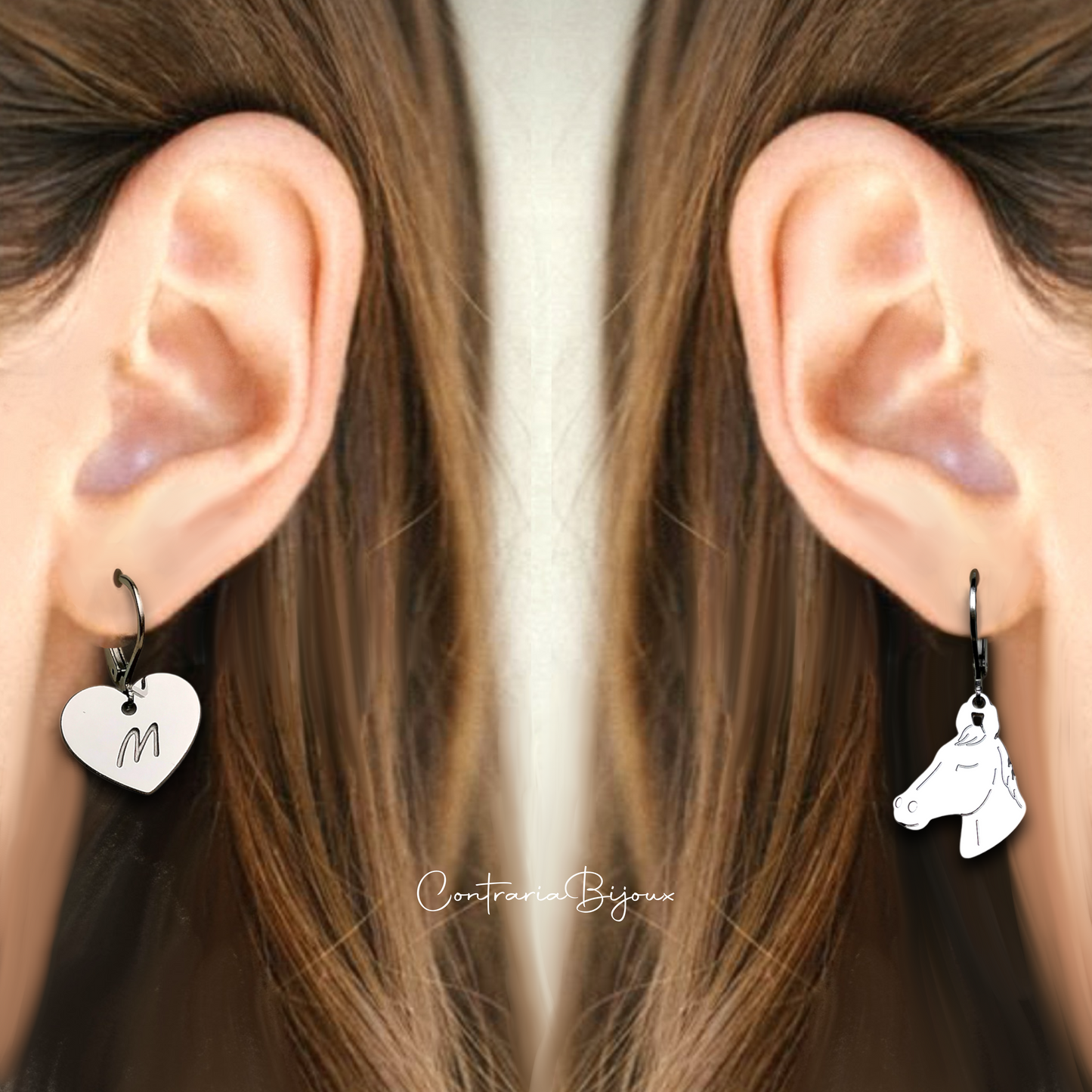 Orecchini cavallo personalizzati con cuore con iniziale incisa, orecchini cuore con iniziale incisa , orecchini con cavallo - ContrariaBijoux