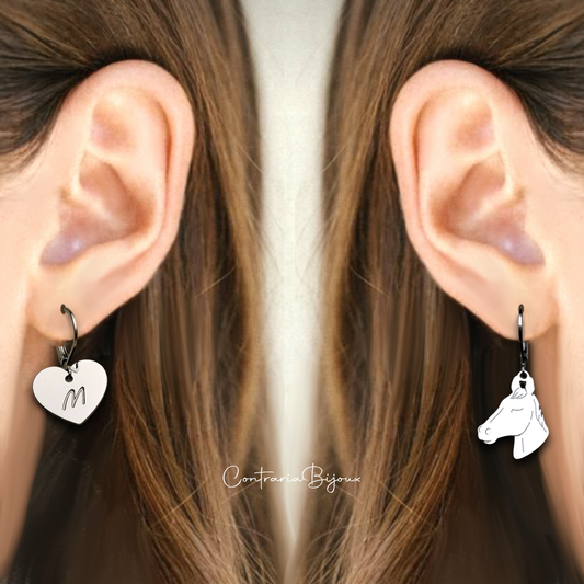 Orecchini cavallo personalizzati con cuore con iniziale incisa, orecchini cuore con iniziale incisa , orecchini con cavallo - ContrariaBijoux