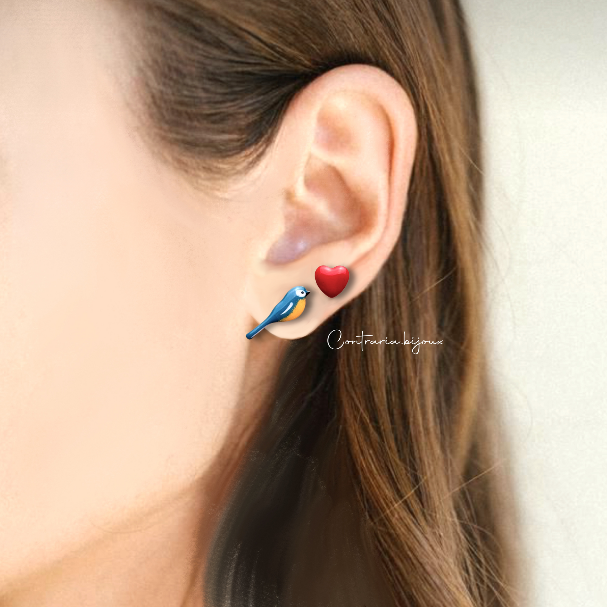 Orecchini uccellino azzurro e cuore - ContrariaBijoux