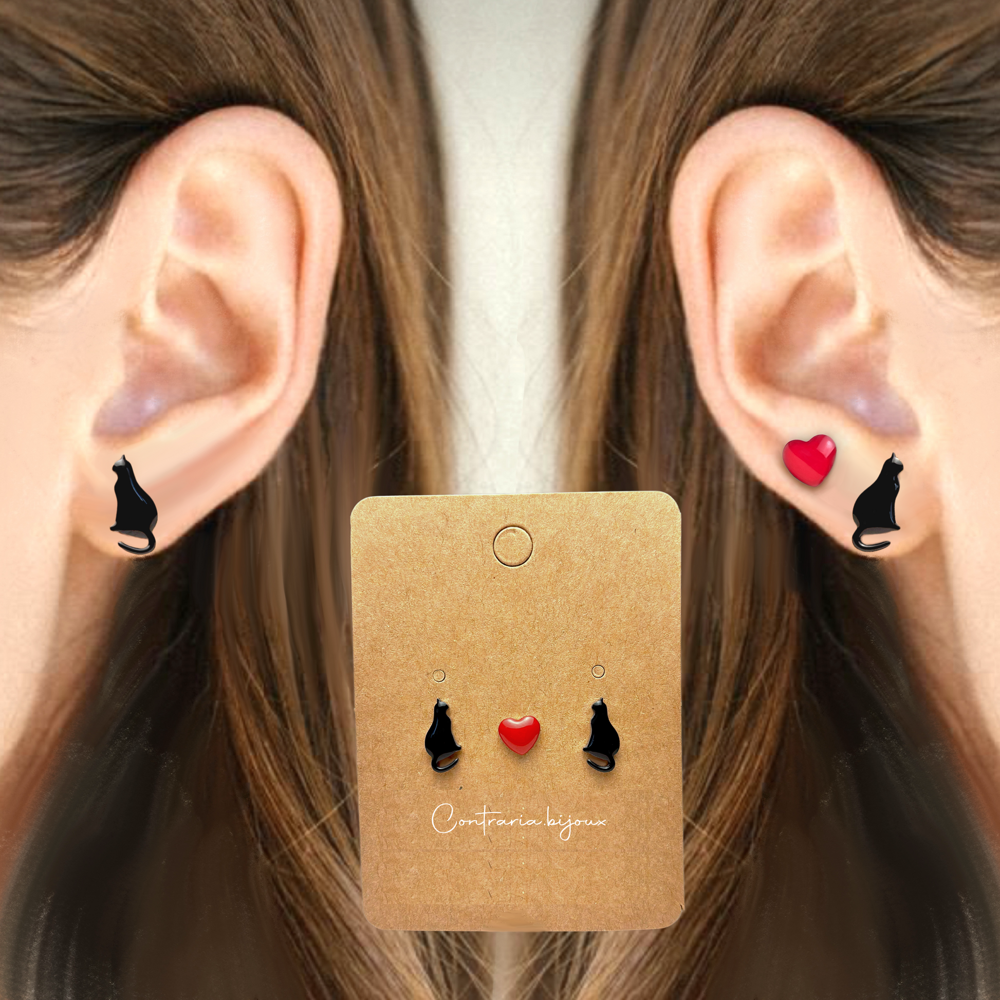 Orecchini Gatto nero , cuore e gatto nero sagoma gatto - ContrariaBijoux