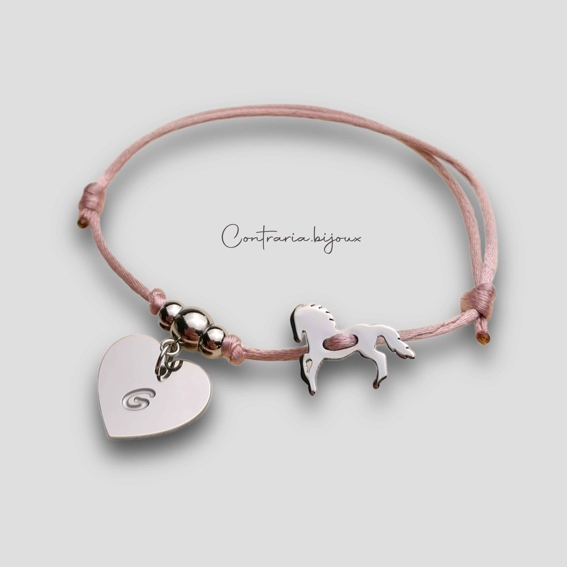 Bracciale cavallo e cuore con iniziale incisa, bracciale cavallo bambina, bracciale sagoma cavallo