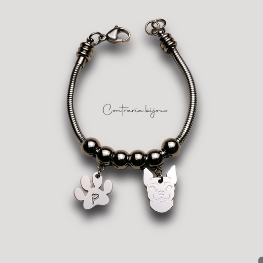 Bracciale cane Chihuahua e zampa con iniziale incisa , Bracciale chiwawa - ContrariaBijoux
