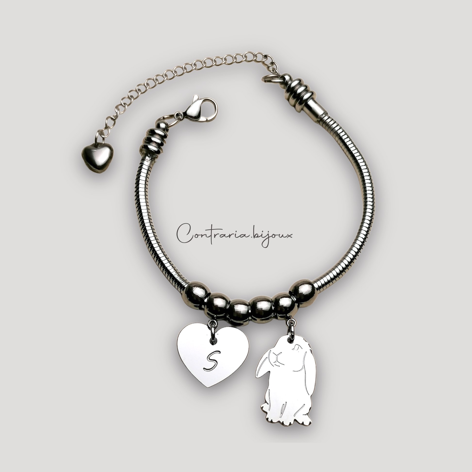 Bracciale Coniglio Ariete e ciondolo cuore con iniziale incisa, bracciale ciondolo coniglio ariete - ContrariaBijoux