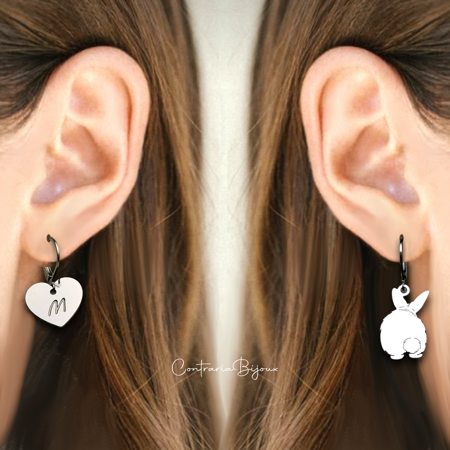 Orecchini coniglietto codino pon pon e cuore con iniziale incisa / orecchini coniglietto personalizzato / cuore con incisione / orecchini coniglio codino pon pon - ContrariaBijoux