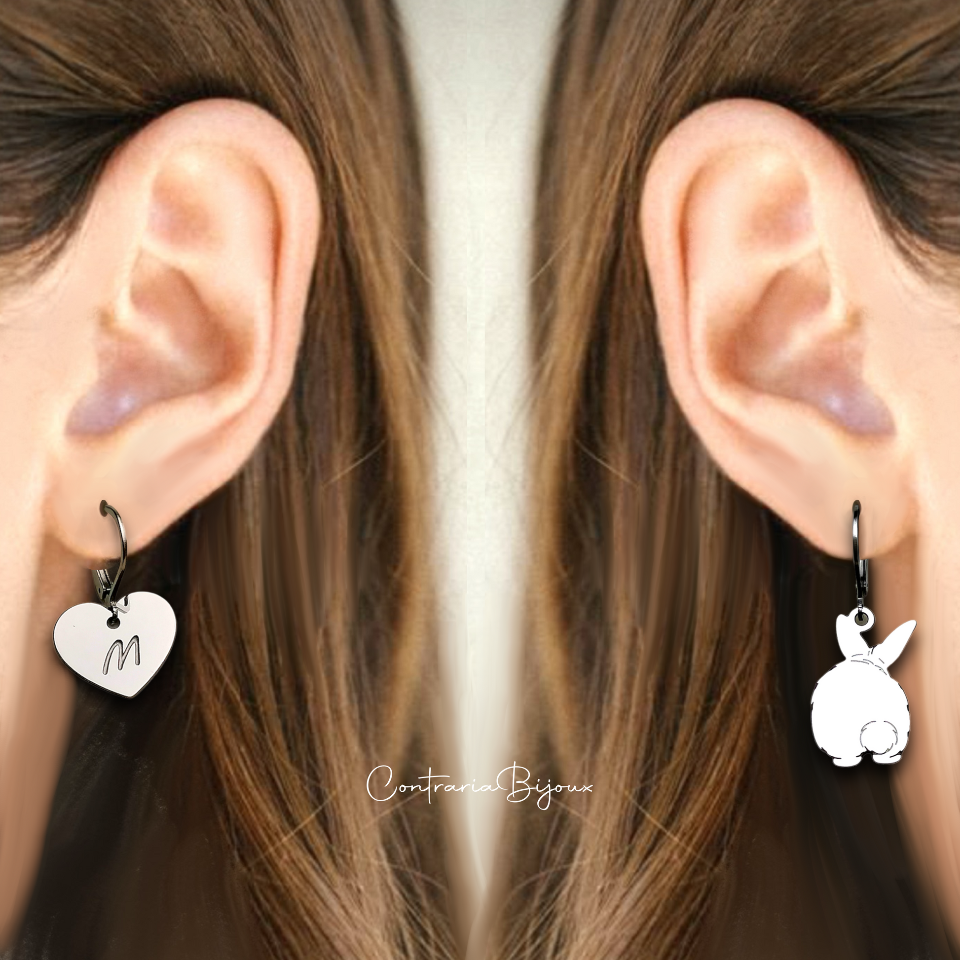Orecchini coniglietto codino pon pon e cuore con iniziale incisa / orecchini coniglietto personalizzato / cuore con incisione / orecchini coniglio codino pon pon - ContrariaBijoux