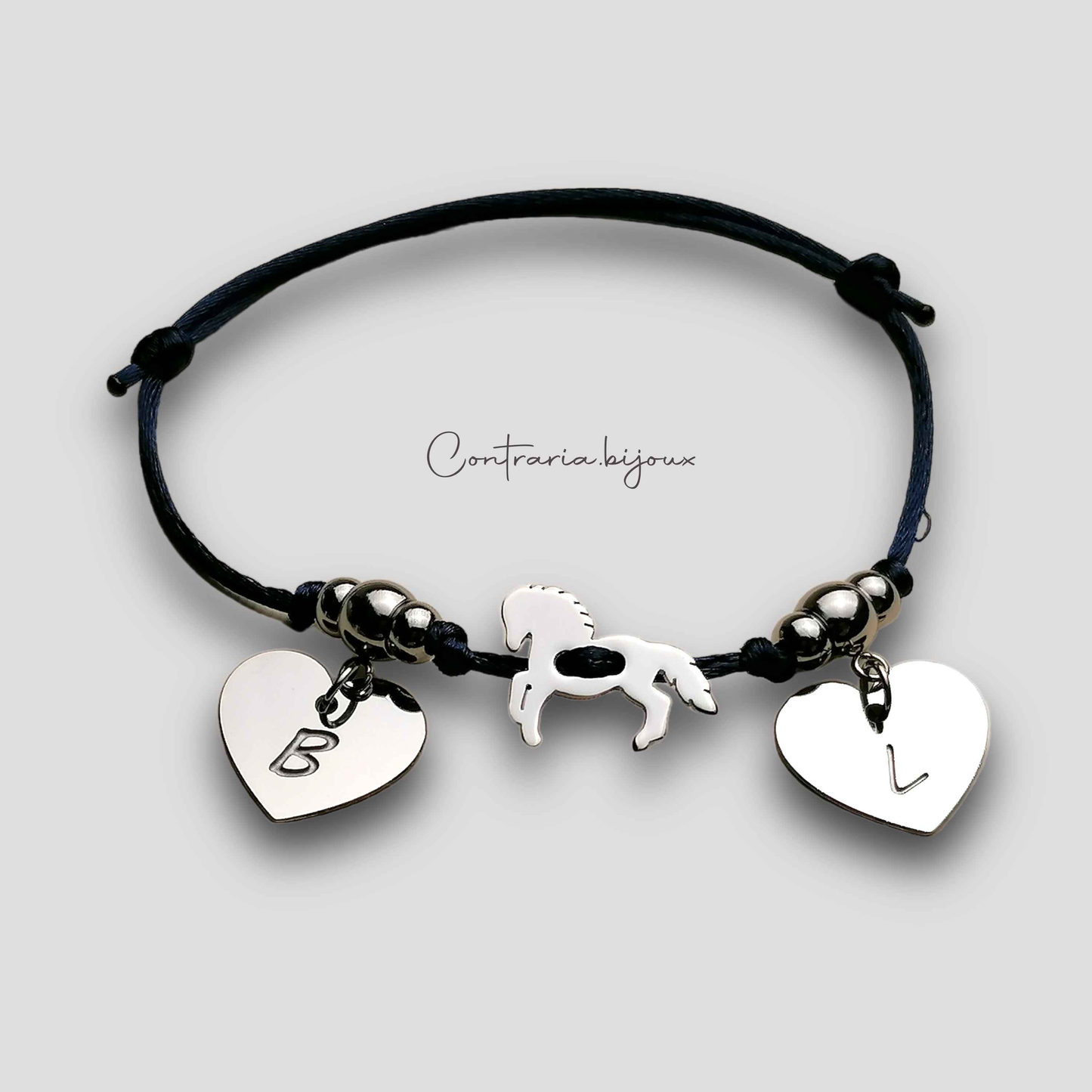 Bracciale cavallo e cuore con iniziale incisa, bracciale cavallo bambina, bracciale sagoma cavallo