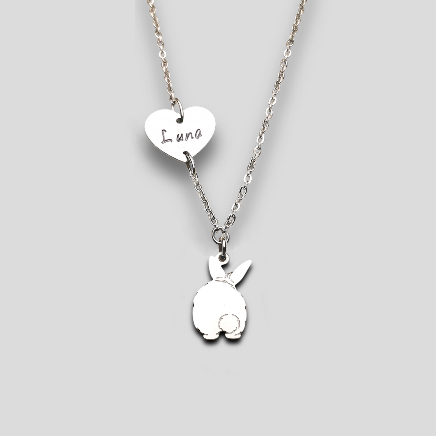 Collana coniglietto , Collana con coniglio codino a pon pon e cuore con nome - ContrariaBijoux