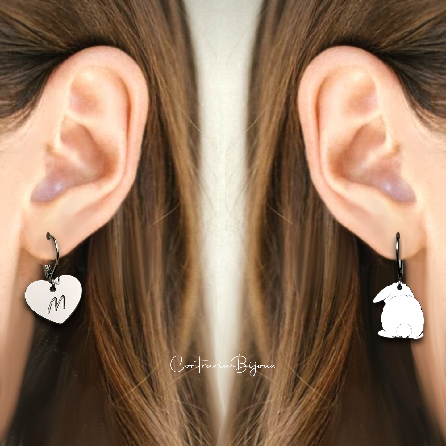Orecchini coniglietto e cuore con iniziale / orecchini cuore con iniziale incisa / orecchini coniglietto / orecchini coniglio codino pon pon - ContrariaBijoux