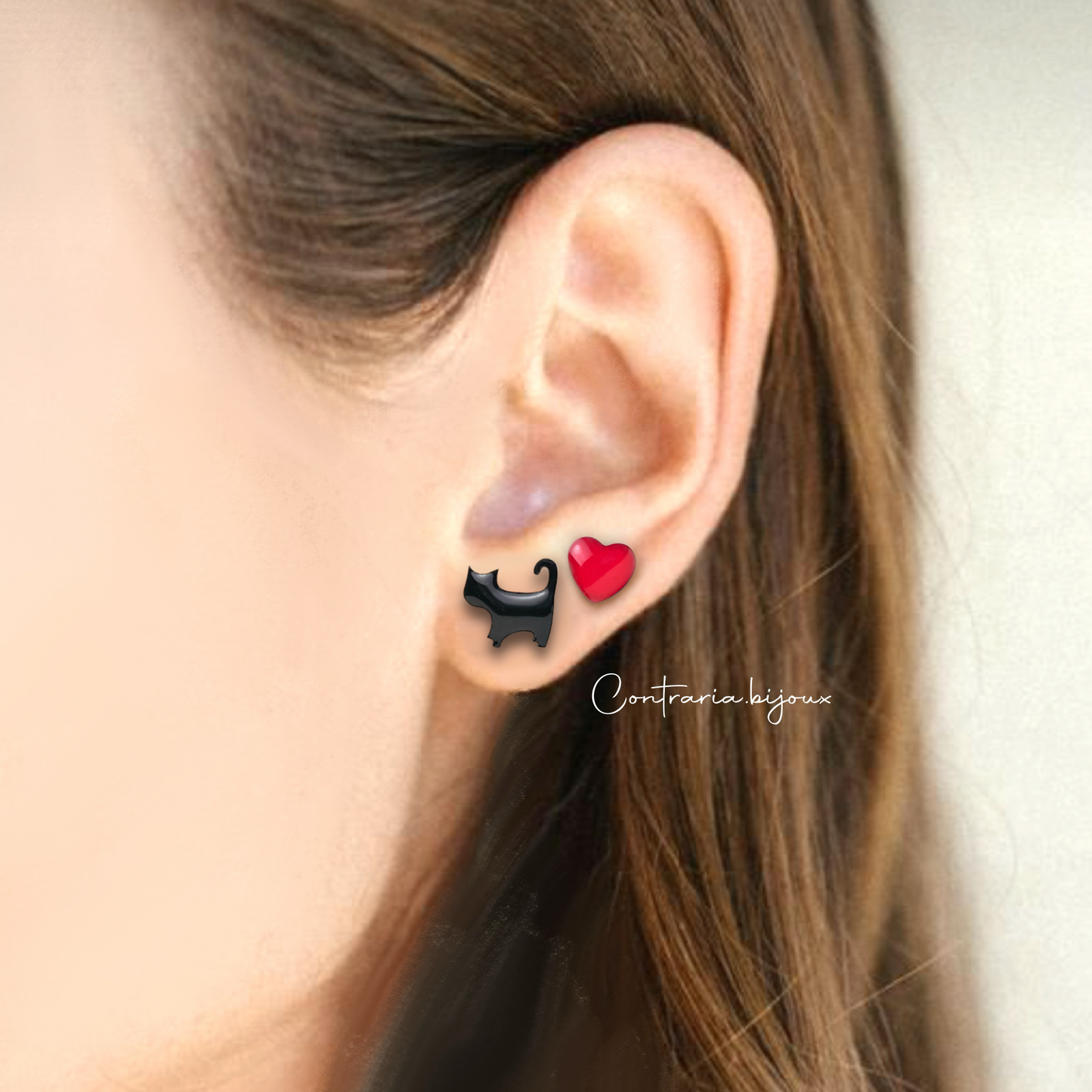 Orecchini Gatto nero e cuore / Gatto nero / Orecchini Gatto bianco e cuore / Gatto bianco / sagoma gatto - ContrariaBijoux