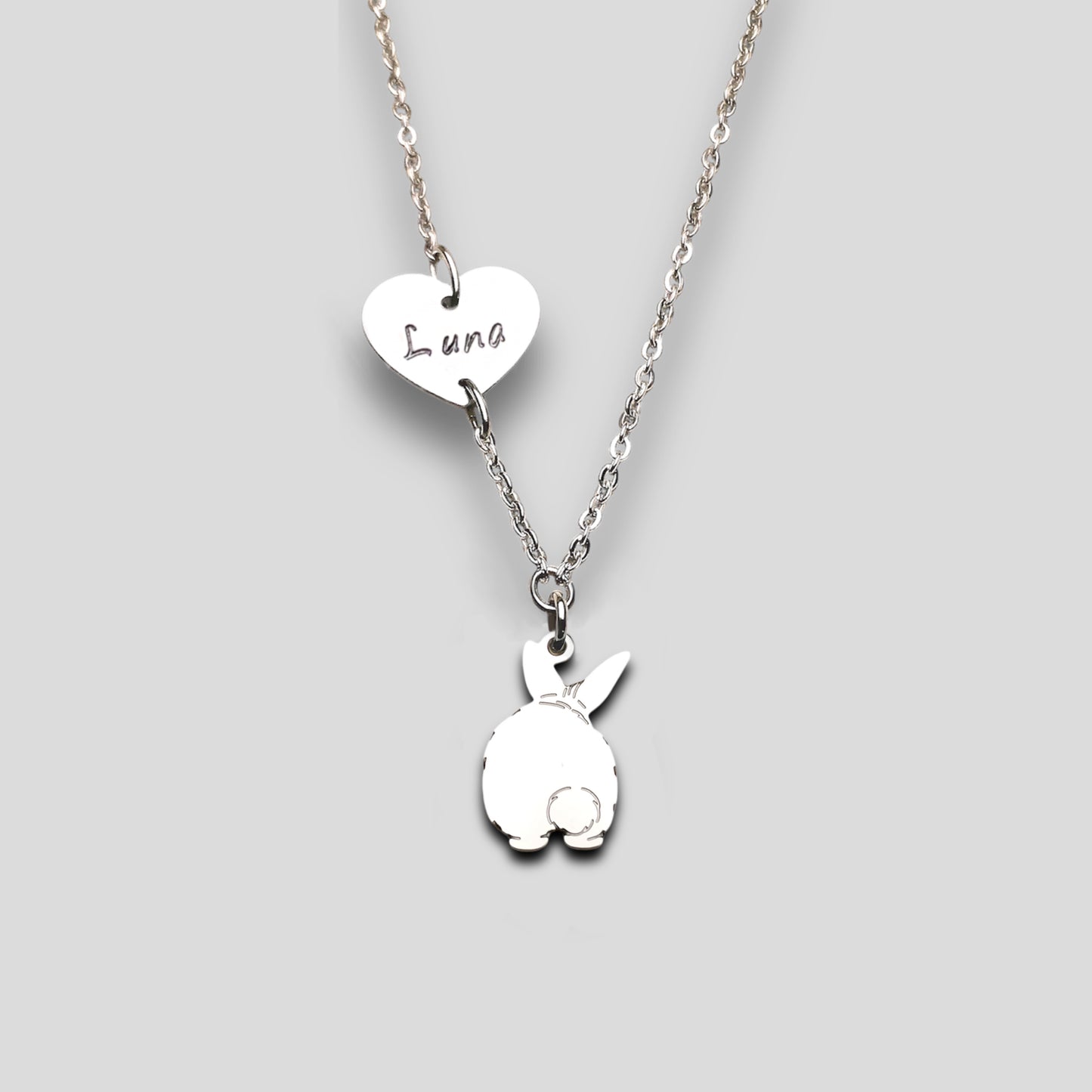 Collana coniglietto , Collana con coniglio codino a pon pon e cuore con nome - ContrariaBijoux