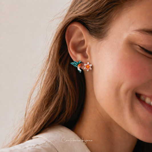 Orecchini Colibrì e Fiore - Orecchini Colibrì Unici e Colorati