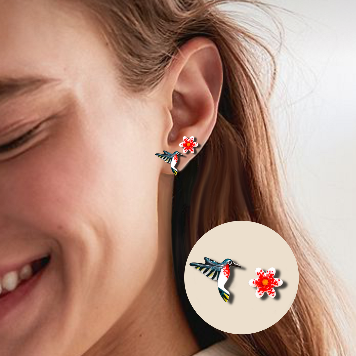 Orecchini Colibrì e fiore , orecchini con colibrì - ContrariaBijoux