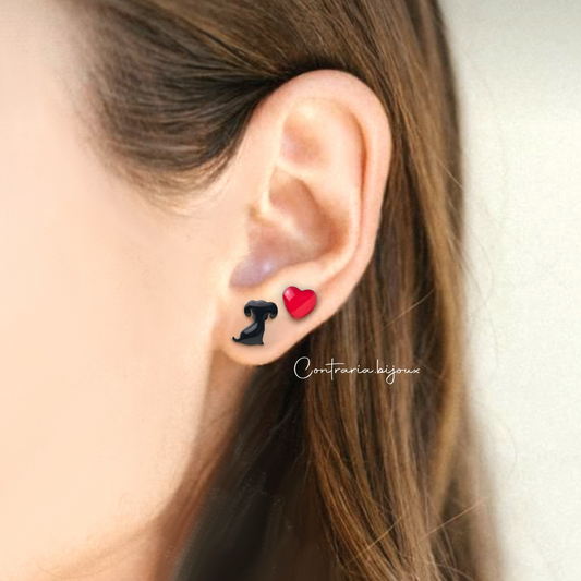 Cane nero e Cuore, orecchini cane nero e cuore - ContrariaBijoux