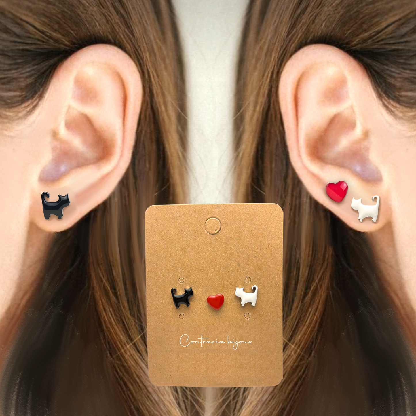 Orecchini Gatto nero e cuore / Gatto nero / Orecchini Gatto bianco e cuore / Gatto bianco / sagoma gatto - ContrariaBijoux
