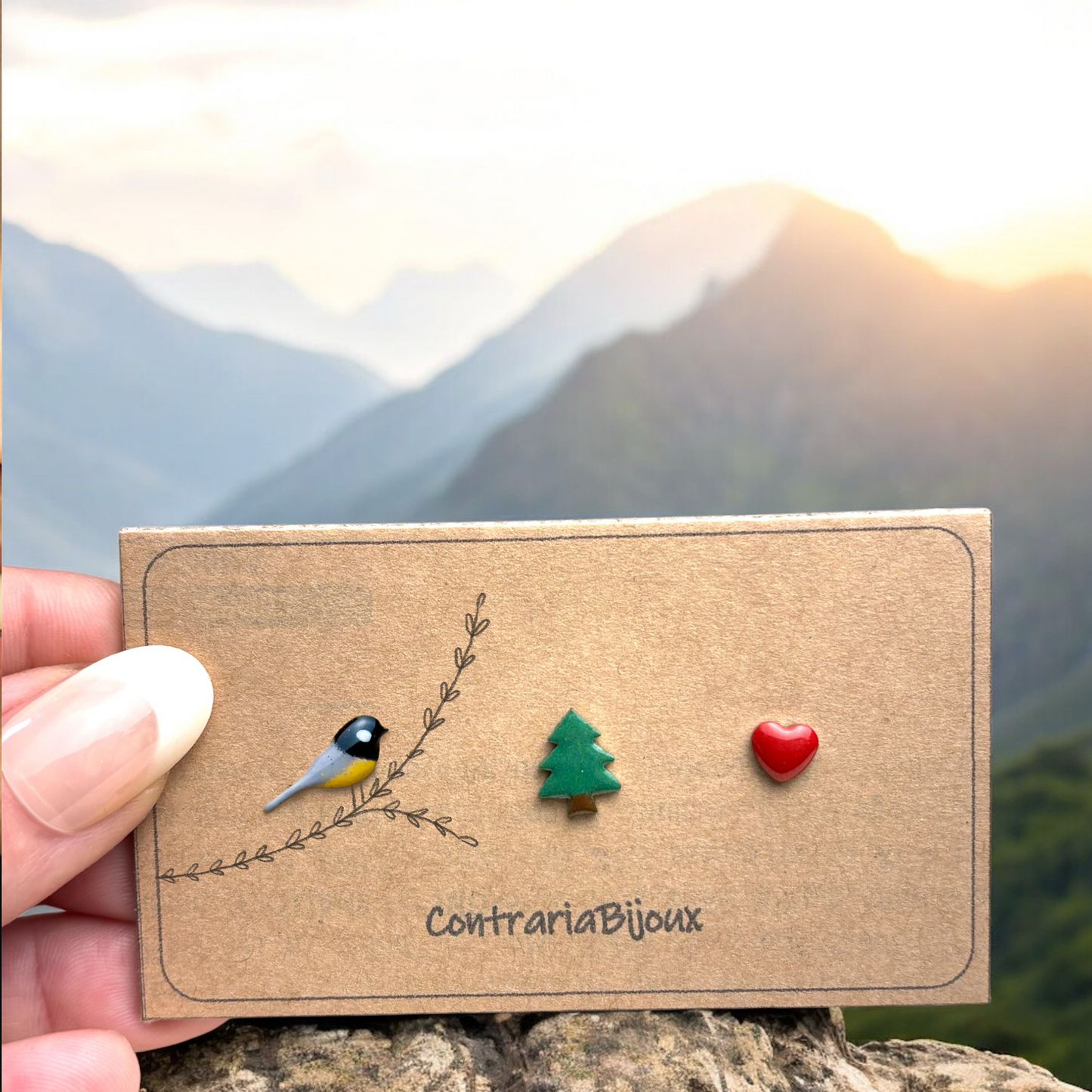 Orecchini Tris :  cinciallegra , abete e cuore (Copia)