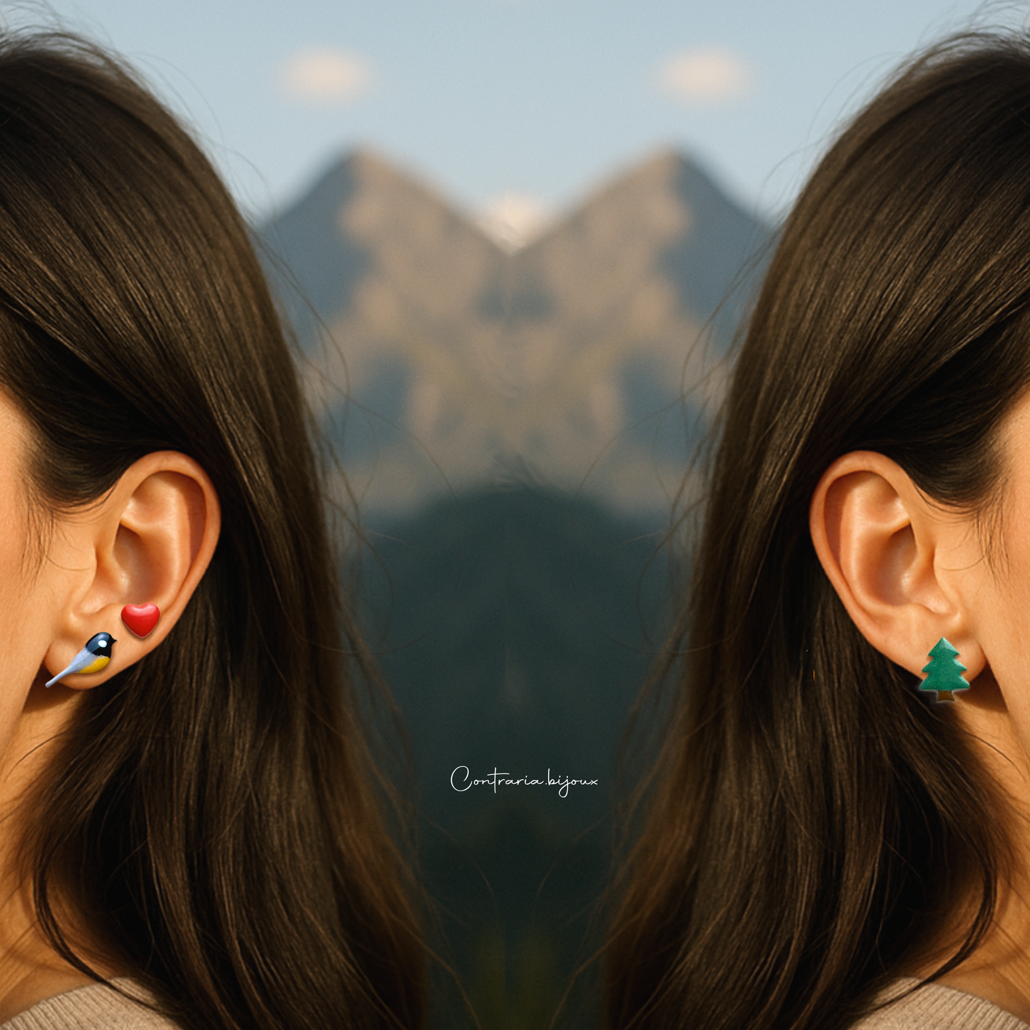 Orecchini Tris :  cinciallegra , abete e cuore - ContrariaBijoux