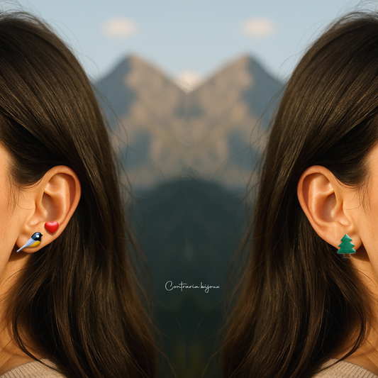 Orecchini Tris :  cinciallegra , abete e cuore - ContrariaBijoux