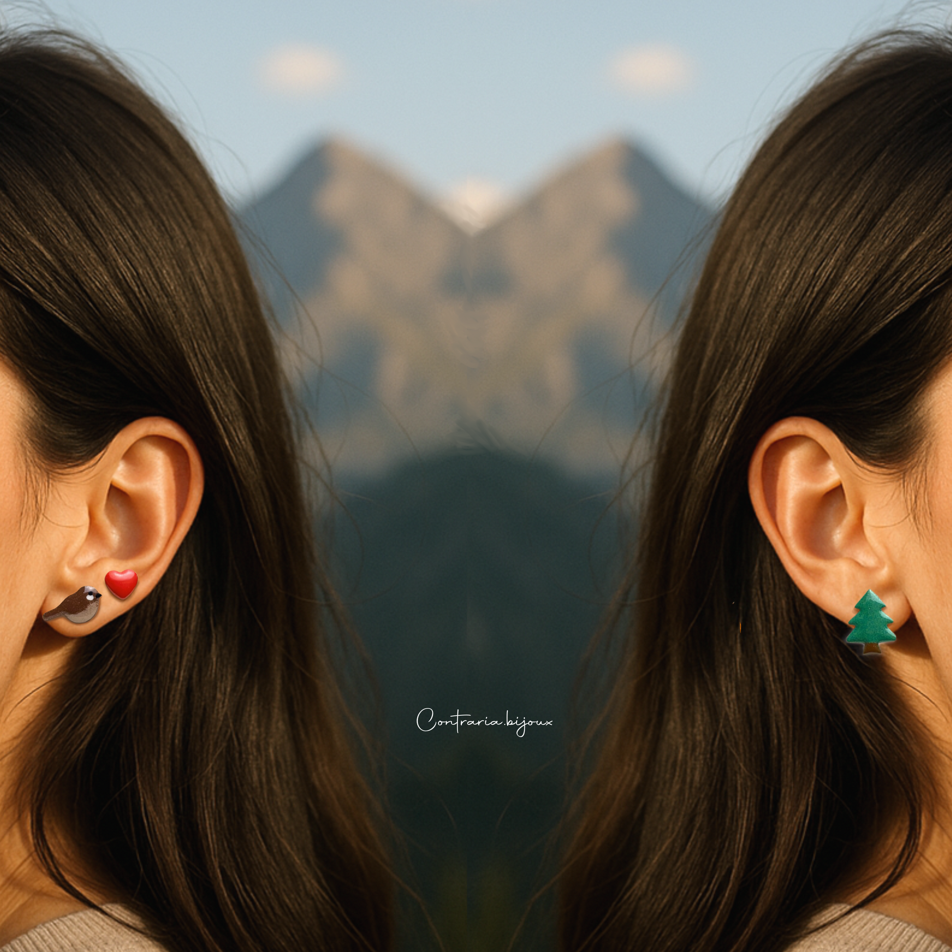 Orecchini Tris :  passerotto , abete e cuore - ContrariaBijoux