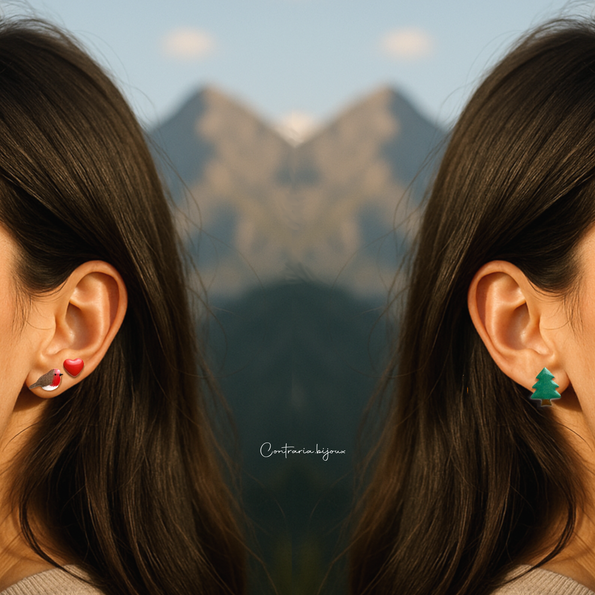 Orecchini Tris :  pettirosso , abete e cuore - ContrariaBijoux