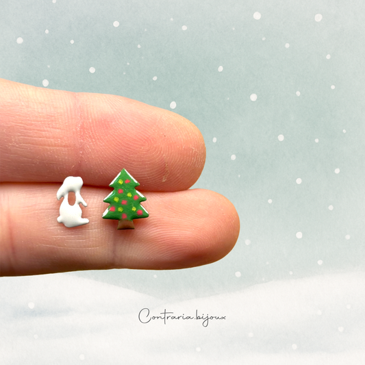 (Copia) Orecchini Coniglio Bianco e fiocco rosso, orecchini coniglio bianco ed albero di Natale