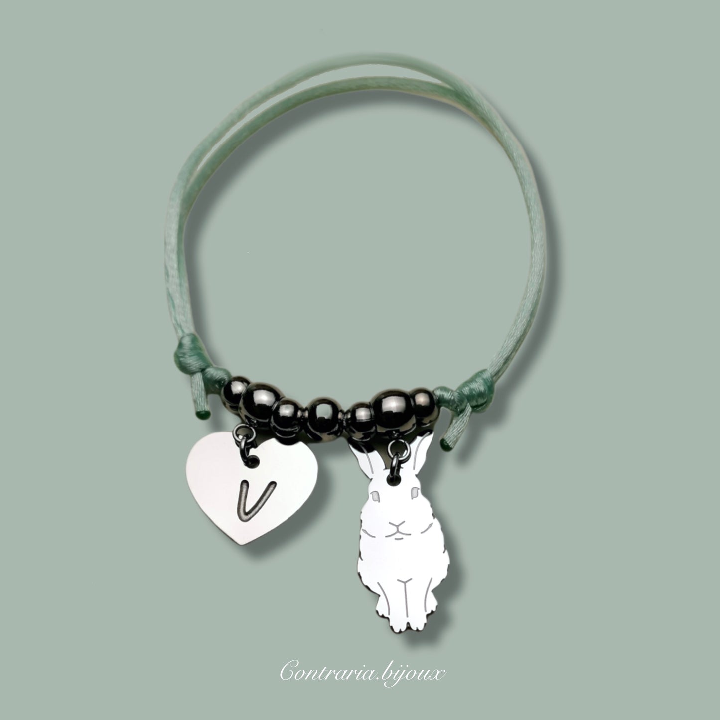 Bracciale Coniglio XL / Lepre e ciondolo cuore con iniziale incisa - ContrariaBijoux