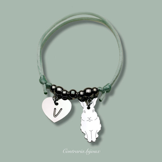 Bracciale Coniglio XL / Lepre e ciondolo cuore con iniziale incisa - ContrariaBijoux