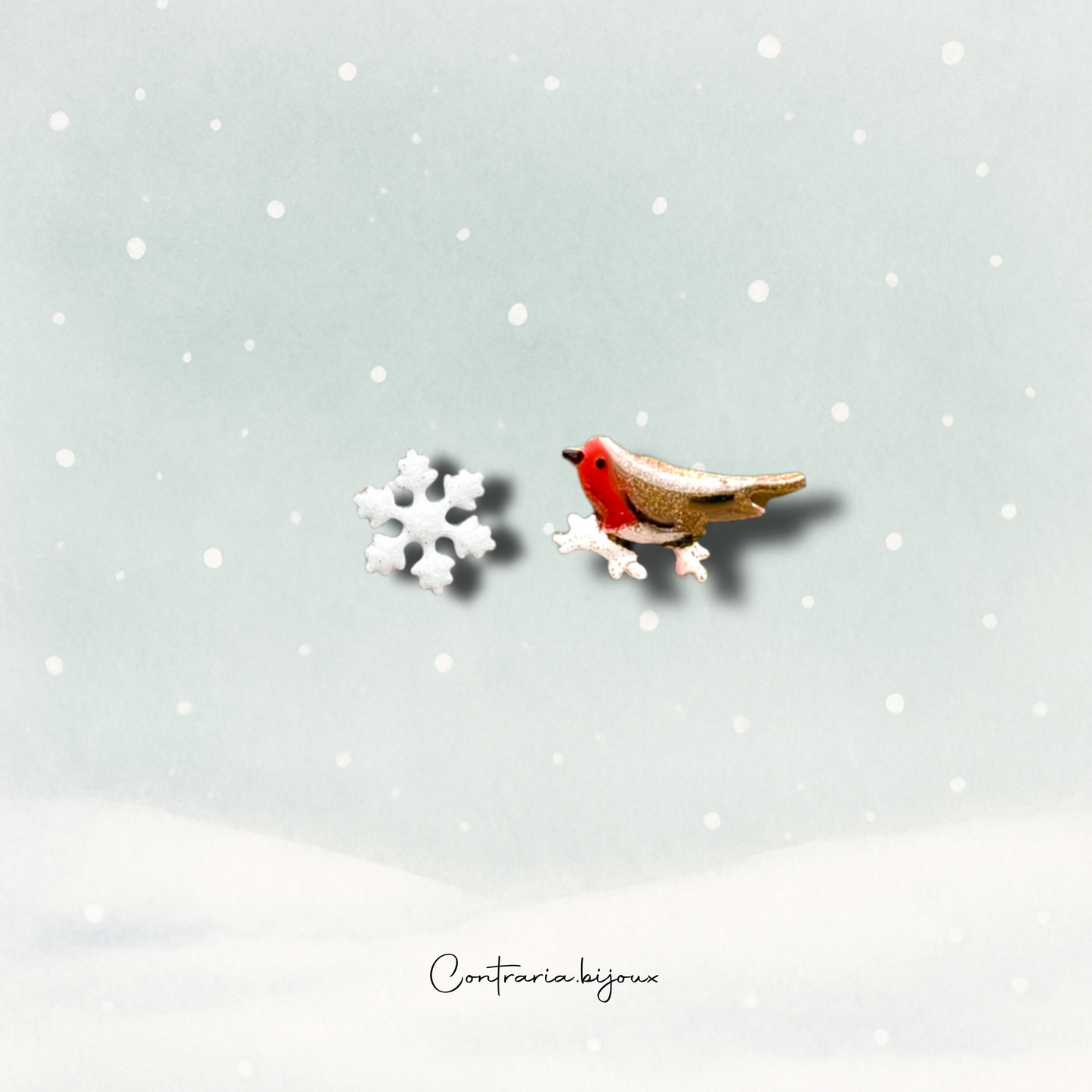 Orecchini pettirosso sulla neve e fiocco di neve