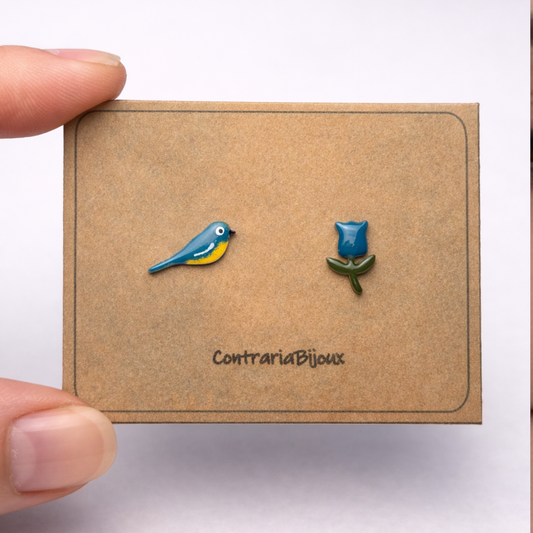 Orecchino uccellino blu e tulipano blu
