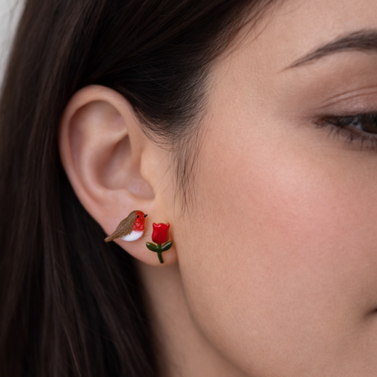 Orecchino pettirosso e tulipano rosso - ContrariaBijoux