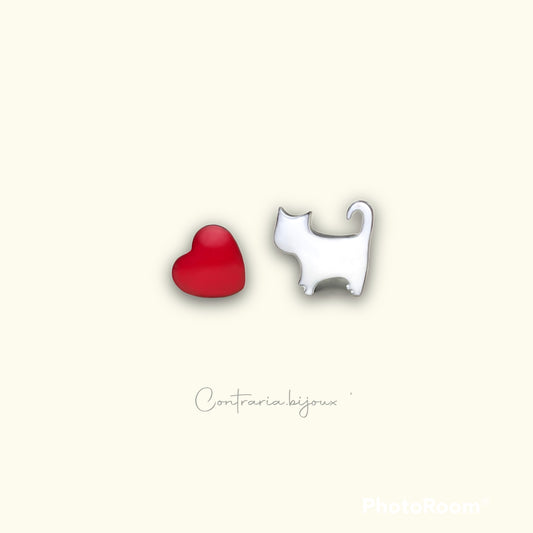 Orecchini Gatto nero e cuore / Gatto bianco e cuore - ContrariaBijoux