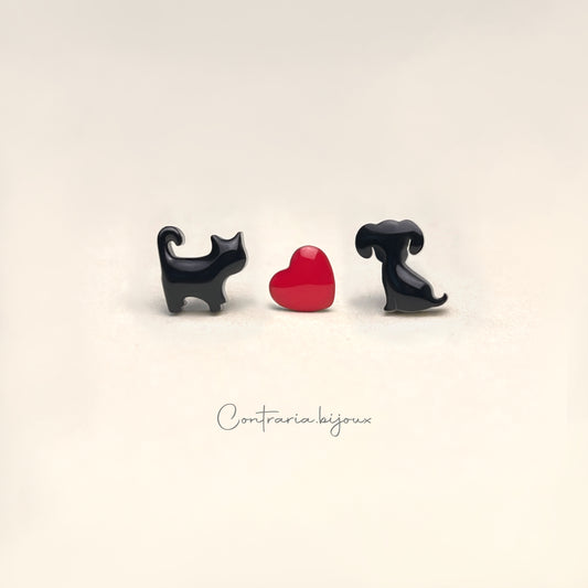 Tre Orecchini : Gatto nero, cuore, cane nero / Riccio , cuore , riccio  / Coniglio Bianco , cuore, Coniglio nero - ContrariaBijoux