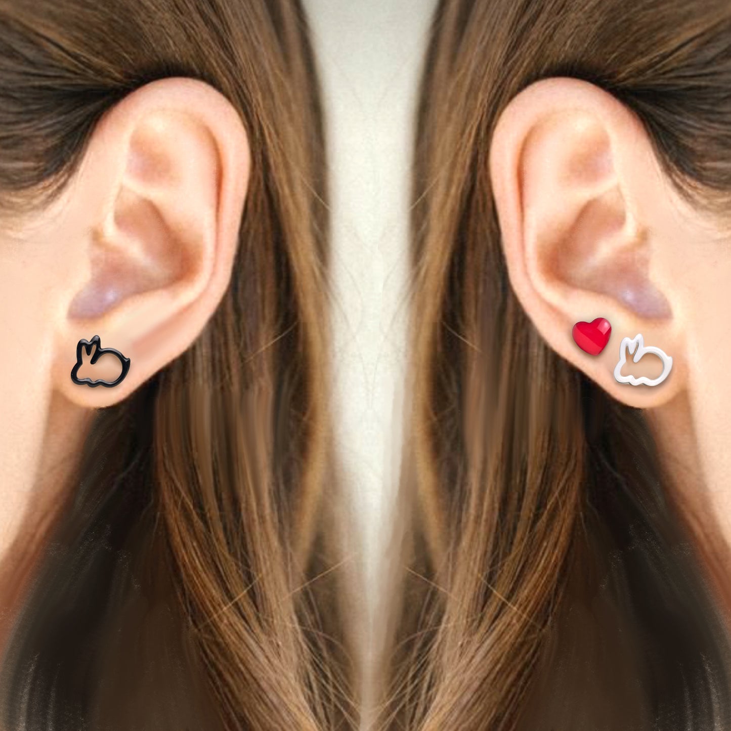 Tre Orecchini : Gatto nero, cuore, cane nero / Riccio , cuore , riccio  / Coniglio Bianco , cuore, Coniglio nero - ContrariaBijoux