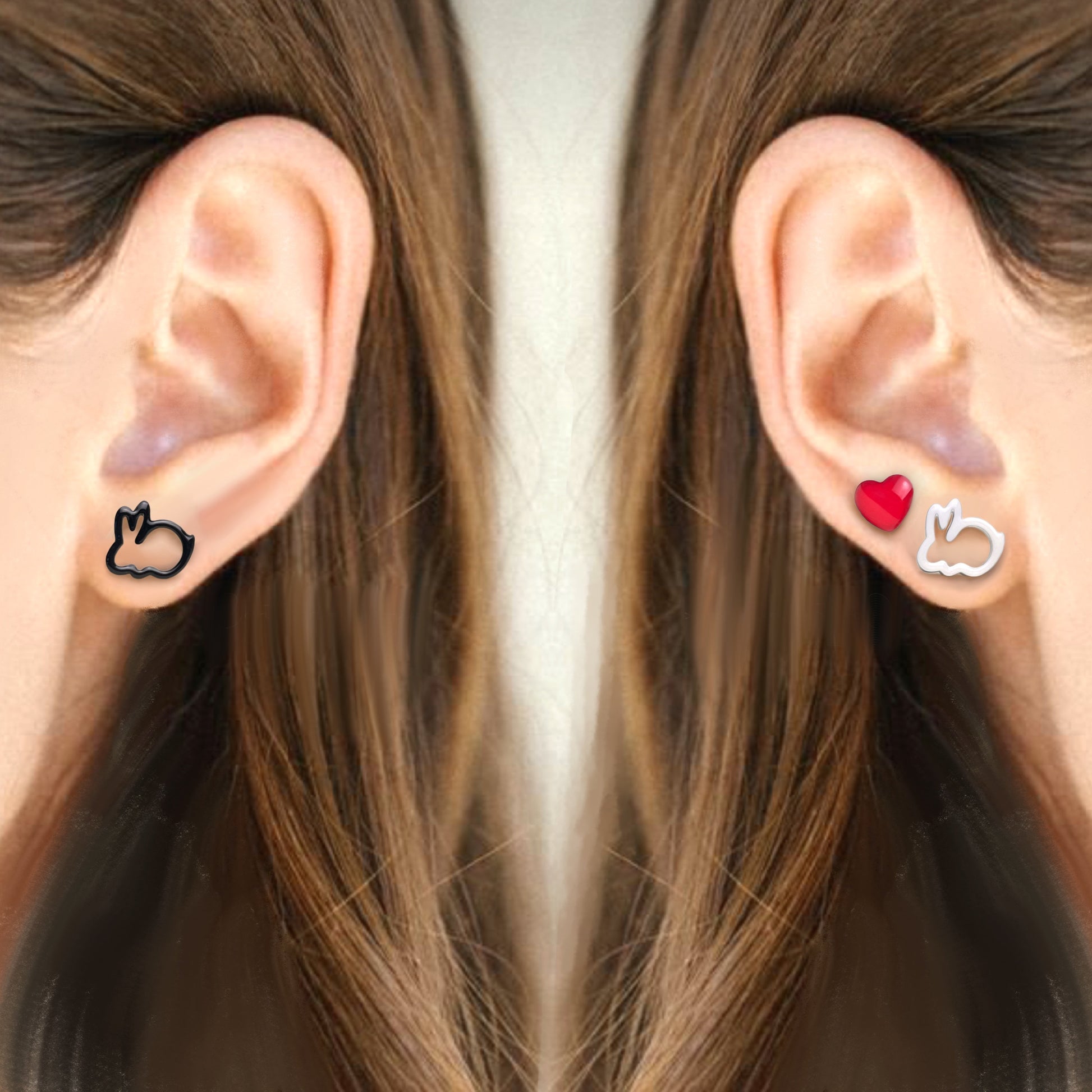 Tre Orecchini :  Coniglio Bianco , cuore, Coniglio nero - ContrariaBijoux