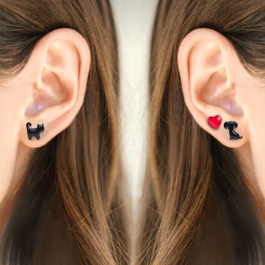 Tre Orecchini : Gatto nero, cuore, cane nero / Riccio , cuore , riccio  / Coniglio Bianco , cuore, Coniglio nero - ContrariaBijoux