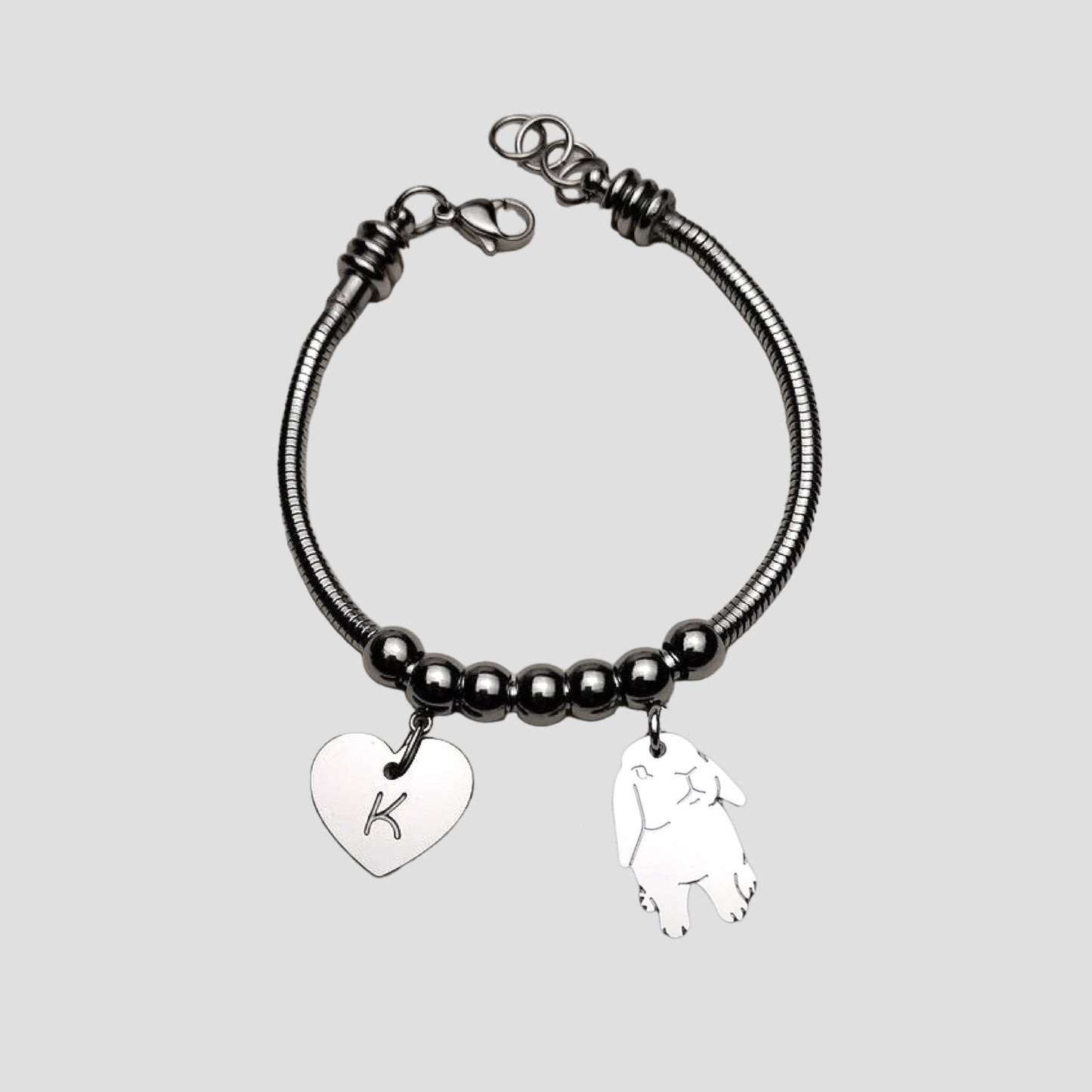 Bracciale coniglio Ariete e cuore con lettera incisa