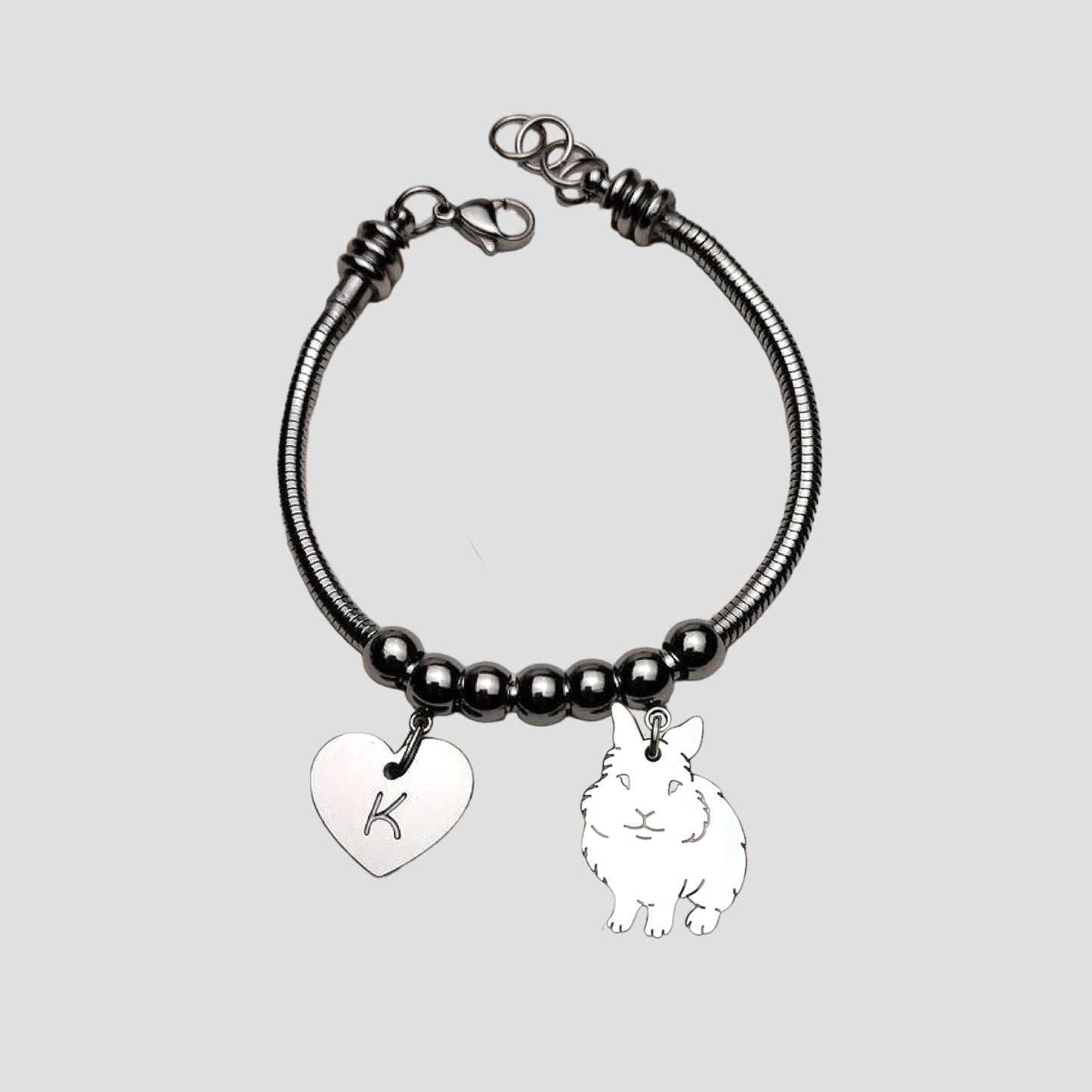 Bracciale coniglio Testa di Leone e cuore con iniziale incisa