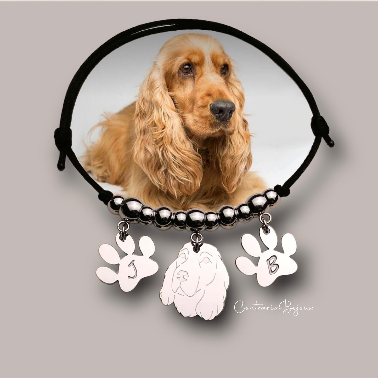 Bracciale cane Cocker e zampa con iniziale incisa