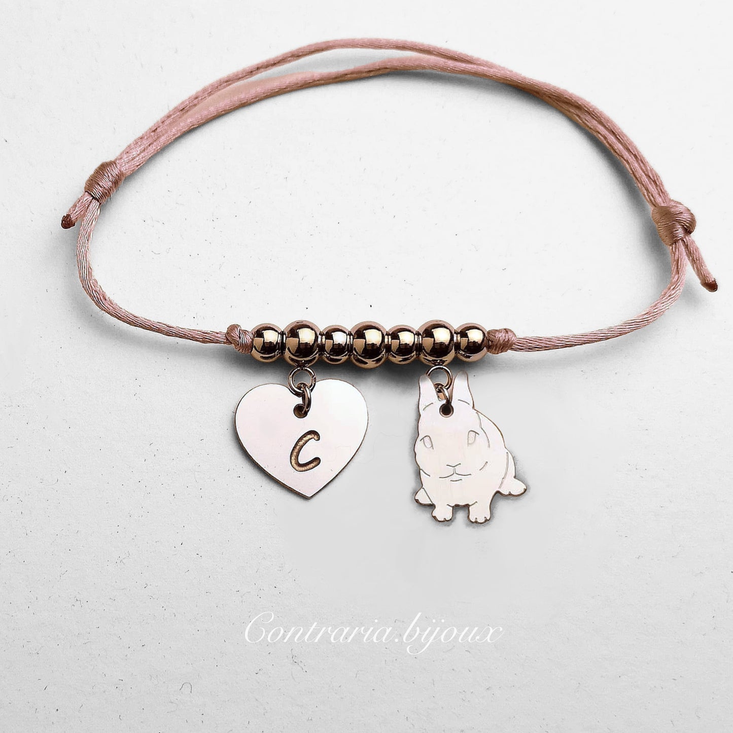 Bracciale Coniglietto e ciondolo cuore con iniziale incisa