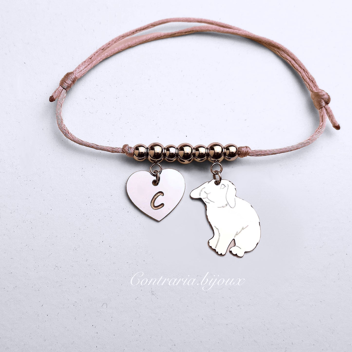 Bracciale Coniglio Ariete e ciondolo cuore con iniziale incisa