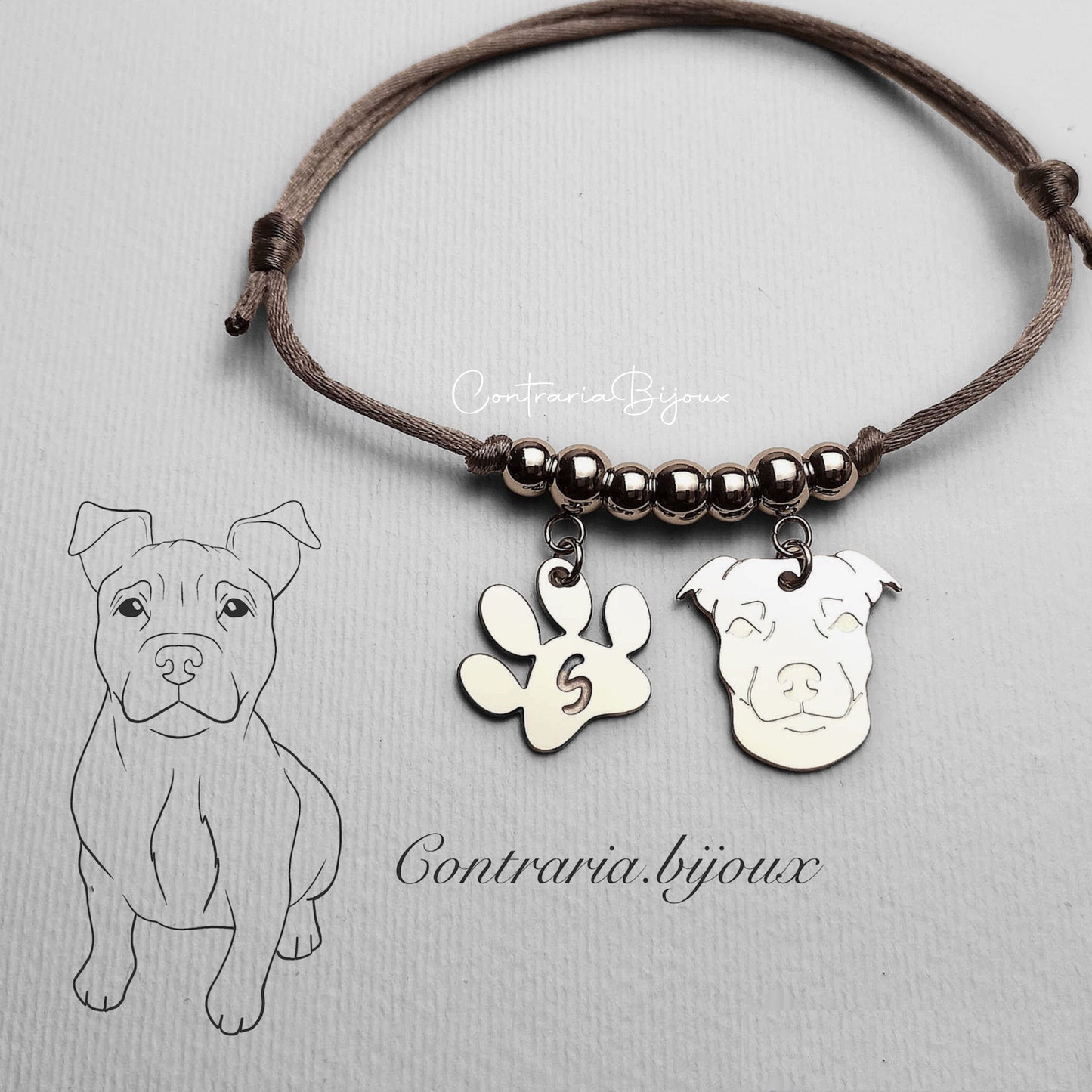 Bracciale Cane Pitbull e zampa con iniziale incisa