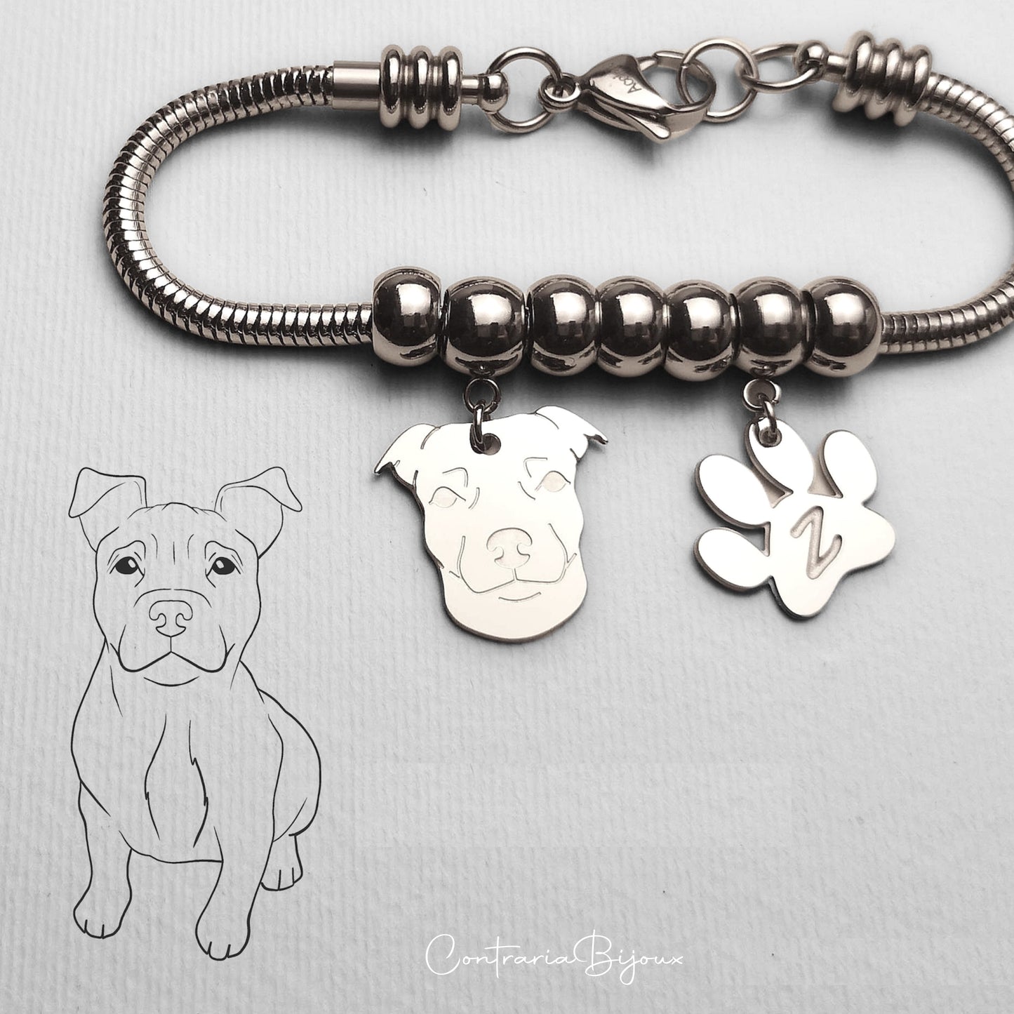 Bracciale Cane Pitbull e zampa con iniziale incisa