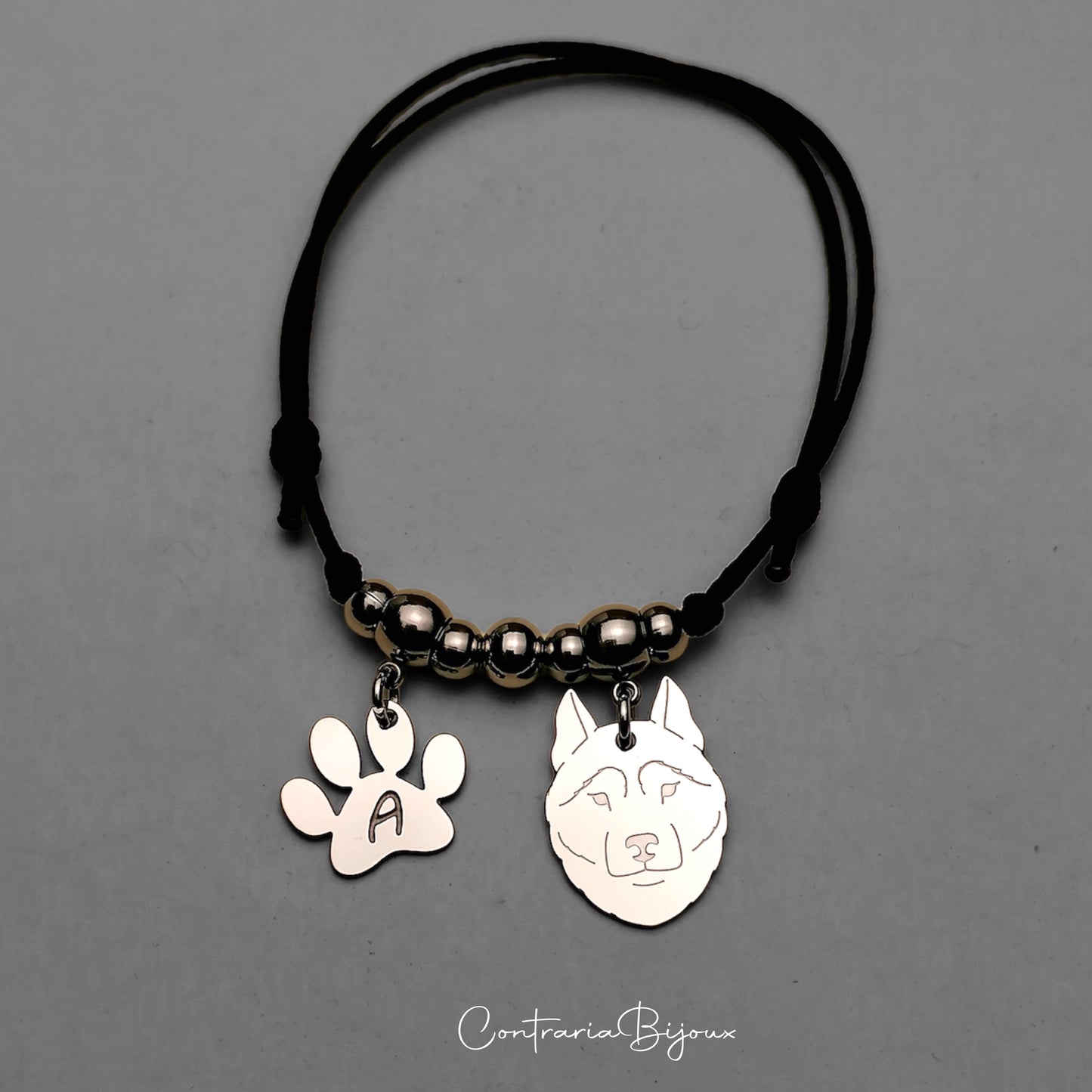 Bracciale Cane Husky e zampa con iniziale incisa