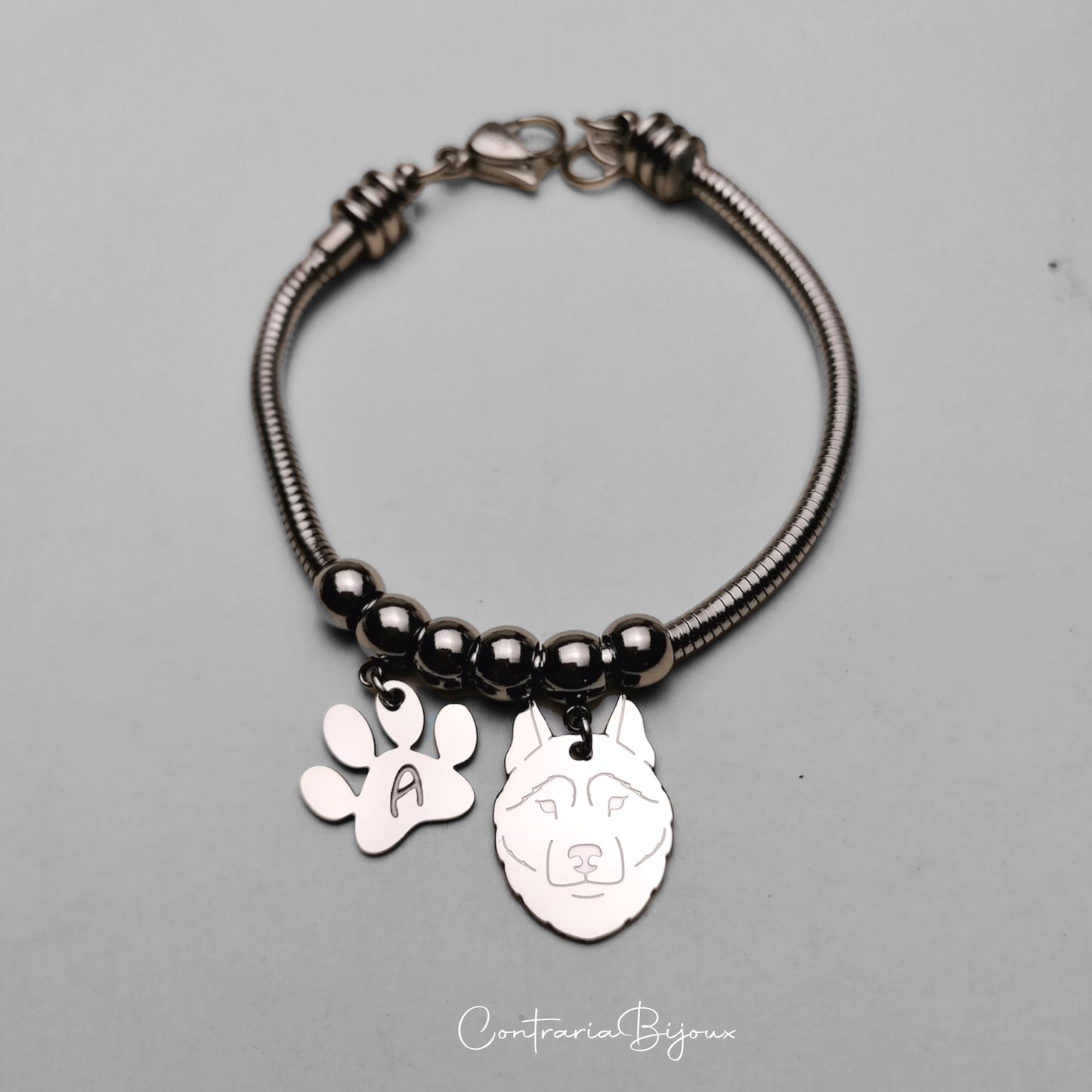 Bracciale Cane Husky e zampa con iniziale incisa