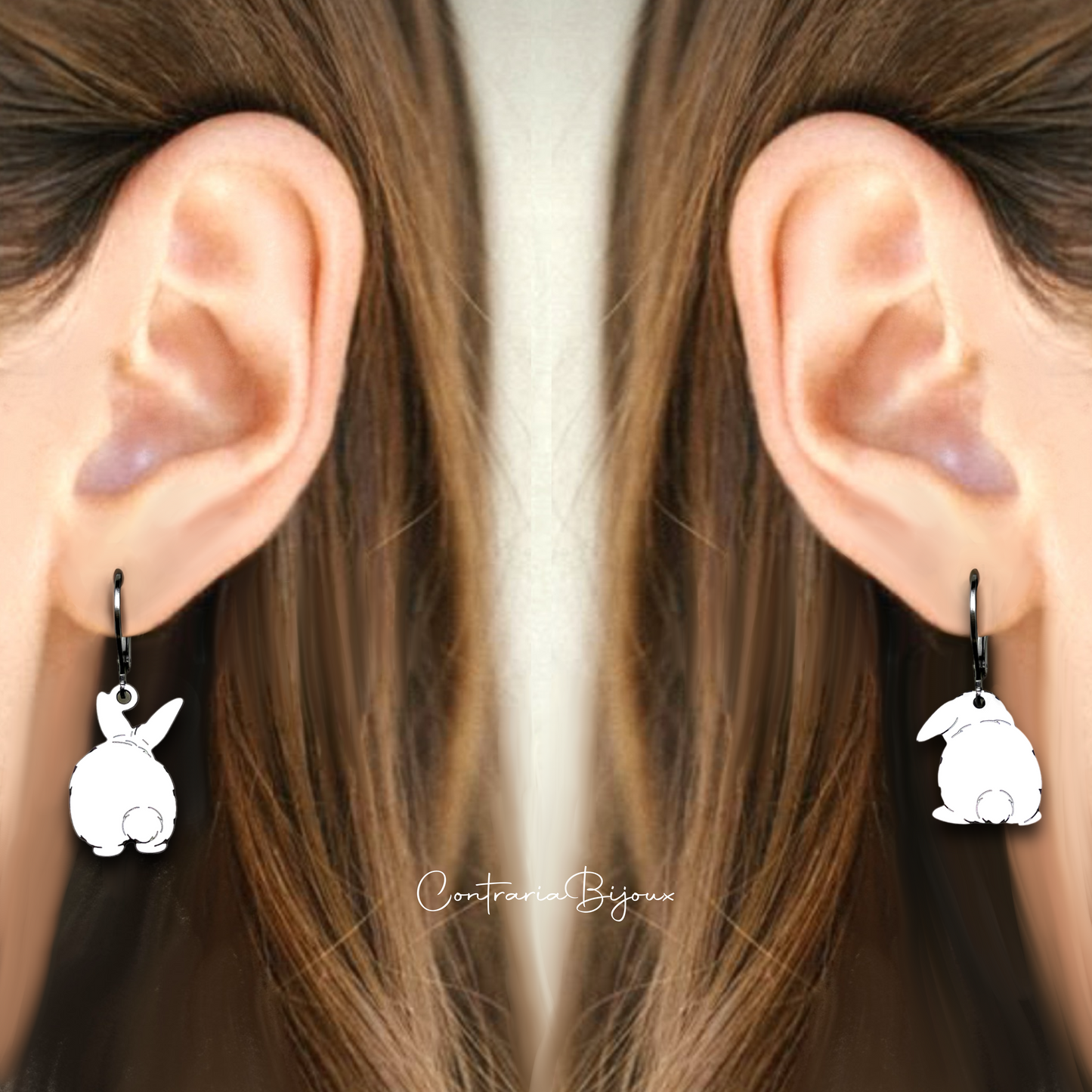 Orecchini coniglietto codino pon pon e cuore con iniziale incisa / orecchini coniglietto personalizzato / cuore con incisione / orecchini coniglio codino pon pon - ContrariaBijoux