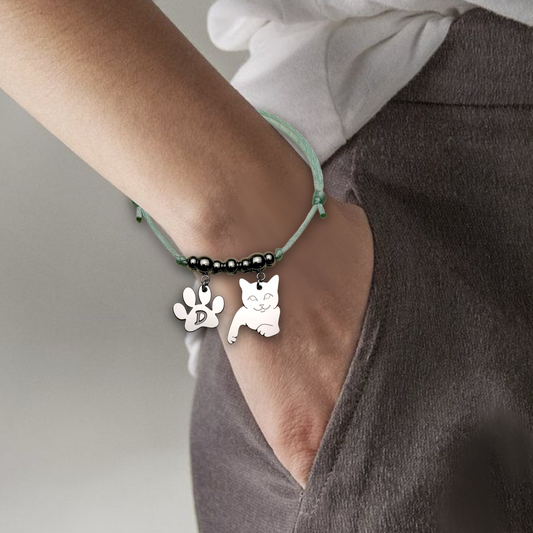 Bracciale Gatto, Gatto personalizzato con incisione, zampa gatto con iniziale incisa - ContrariaBijoux