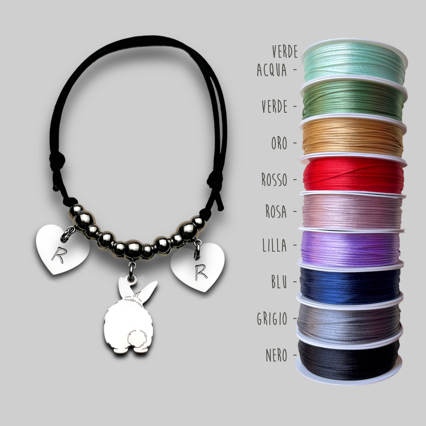 Bracciale Coniglio Codino a Pon Pon, Bracciale Coniglio personalizzato e cuore con nome inciso - ContrariaBijoux