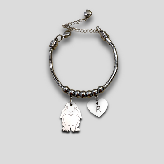 Bracciale ciondolo coniglio, Bracciale coniglio ariete e cuore con nome inciso, bracciale coniglio personalizzato - ContrariaBijoux