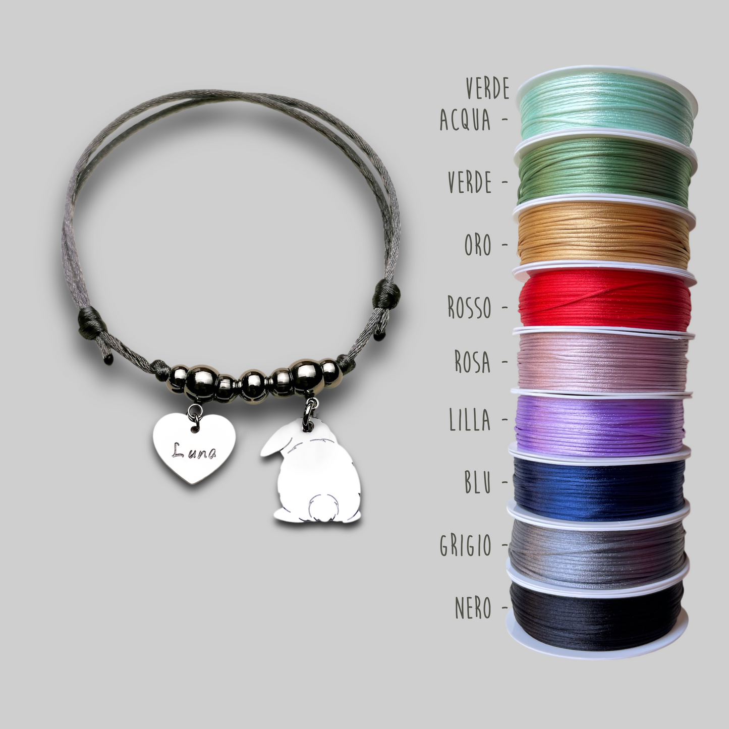 Bracciale Coniglio ariete codino a Pon Pon , Bracciale personalizzato coniglio ariete e cuore con nome inciso - ContrariaBijoux