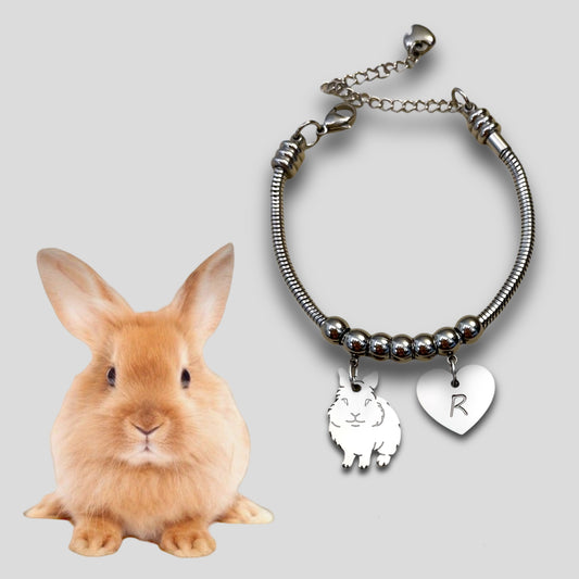 Bracciale coniglio testa di leone , Bracciale personalizzato ciondolo coniglio testa di leone e cuore con nome inciso - ContrariaBijoux